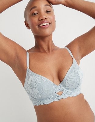 Laura Ashley Blue Floral Lace Padded Push Up Wireless Bra Plunge Size 36C