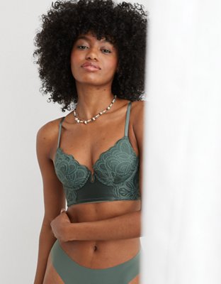 Aerie Black Show Off Rooftop Garden Lace Padded Plunge Bralette, XL NWT
