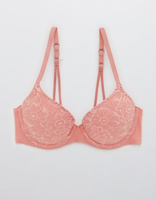 Aerie Juliet Bra 34B Pink Lace Embroidered Overlay Accents Push Up