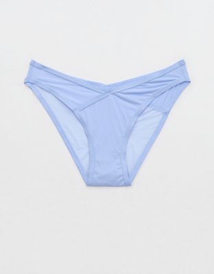 Microfiber and Logo Elastic Band Thong Panty - Blue fog