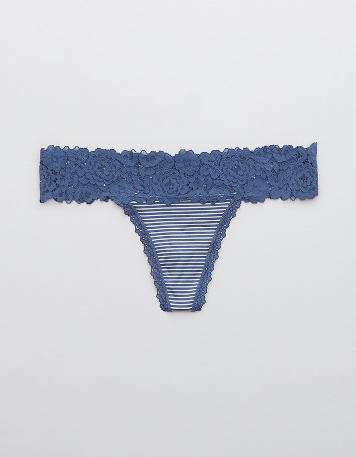 Aerie Bluegrass Lace Shine Thong Underwear