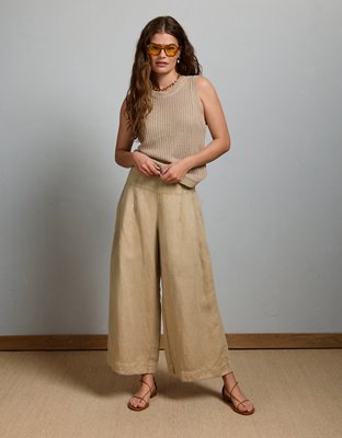 AE77 High-Waisted Linen Pleated Ankle Pant