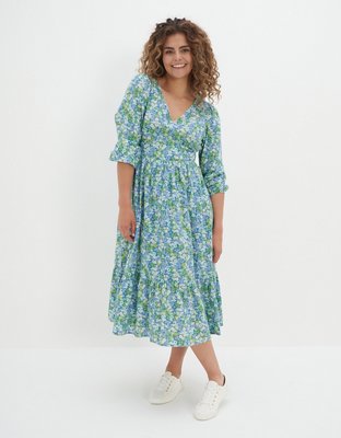 Aerie EYELET SMOCKED TIERED MIDI DRESS LINED @ Best Price Online