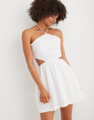 white pool party dress Princess Polly Women's Let's Dance Babydoll Minidress - Mini Dress with short puff sleeves Mini Dress in 100% cotton with short puff sleeves Aerie Pool-To-Party Crochet Halter Mini
