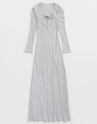 Aerie Long Sleeve Knit Tie Front Maxi Dress