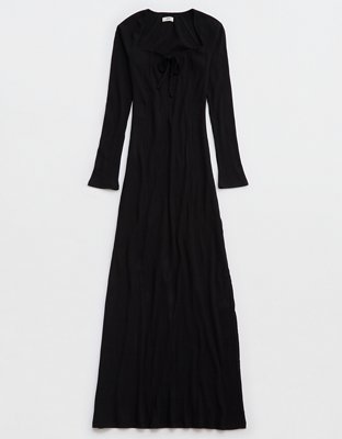 Aerie Long Sleeve Knit Tie Front Maxi Dress