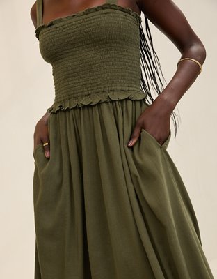 green emerald velvet dress Aerie Smocked Bodice Burnt Orange Tank Dress- Size XS – The Saved Collection main image 0
