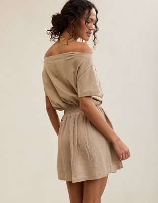 dark brown jumper dress Skylar + Madison San Tropez Brown Polka Dot Off-the-Shoulder Mini Dress - Size S main image 0