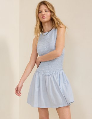 sachin and babi light blue dress MISSGUIDED Shirred Bodice Smocked Drop Waist Ruffle Mini Dress  Christmas｜MISSGUIDED
