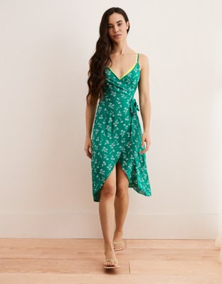 Aerie Midi Wrap Dress, Green | Aerie for American Eagle