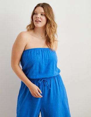 blue strapless jumpsuit