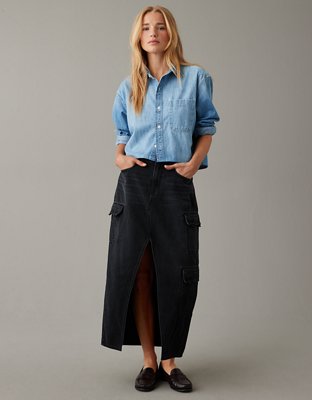 AE Low-Rise Denim Cargo Maxi Skirt