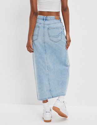 AE Dreamy Drape Low-Rise Denim Maxi Skirt