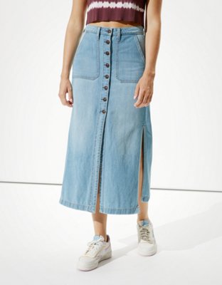 high waisted denim maxi skirt