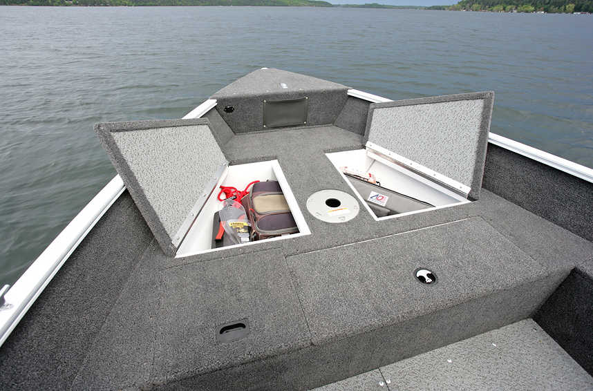 1650 Angler Tiller Bow Deck Storage Compartments Open