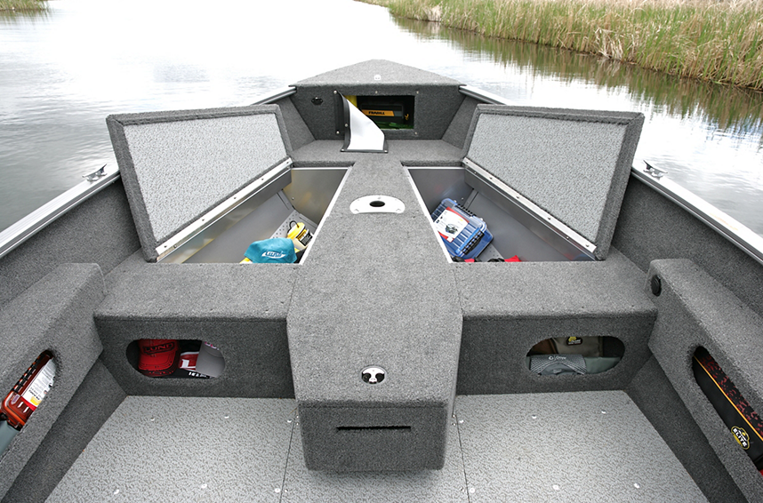 1675-1775 Pro Guide Bow Deck Storage Compartments Open