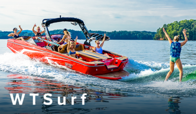 wakesurfer behind the WTSurf wake boat