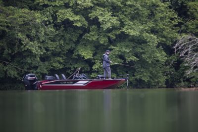 Fisherman Standing on Lowe Aluminum Bass Fishing Boat, Starboard View