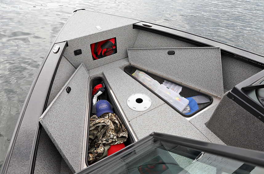 Fisherman Bow Deck Storage Compartments Open (Shown with Full Vinyl Option)