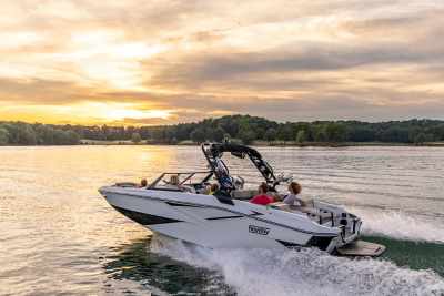 heyday wakeboat cruising at sunset