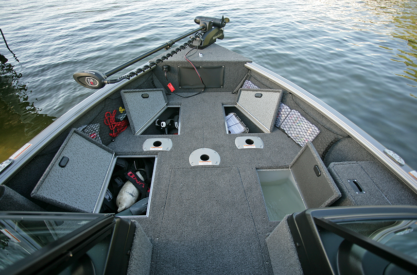 Impact XS Bow Deck Storage Compartments and Livewell Open