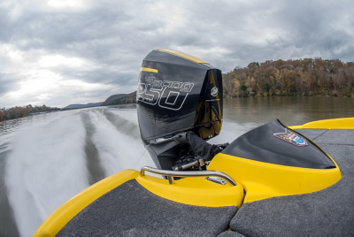 Black yellow Mercury 250r boat lake