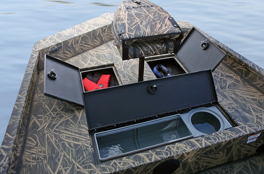 Predator Bow Deck Storage Compartments Open with Seat
