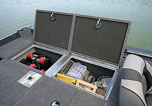 Pro-V Bass Bench Aft Deck Port Storage Compartments Open