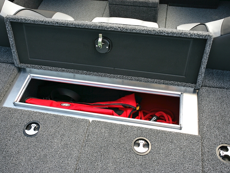 Pro-V Bass Bench Aft Deck Storage Compartment Open