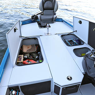Renegade Bow Deck Storage Compartments Open shown with Gray Lund Guard Floor and Interior Option