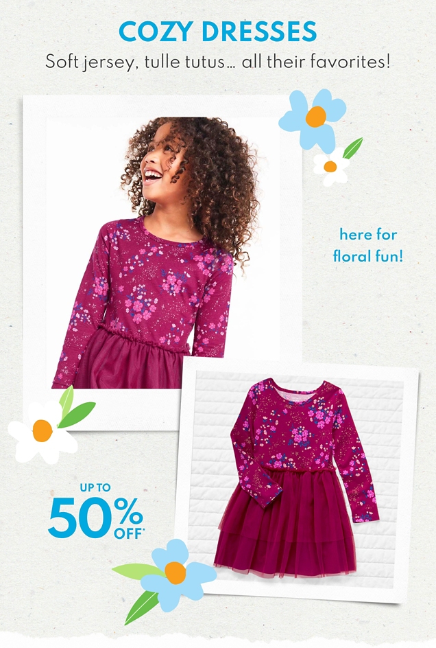 COZY DRESSES | Soft jersey, tulle tutus... all their favorites! | here for floral fun! | UP TO 50% OFF*