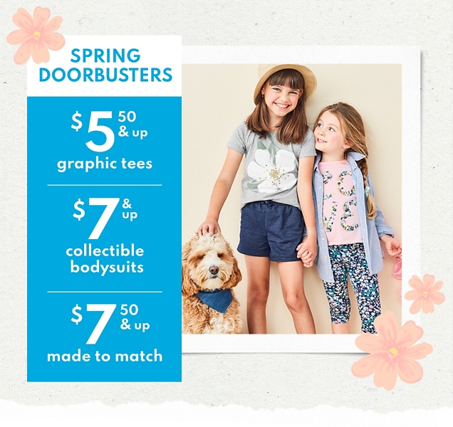 SPRING DOORBUSTERS | $5.50 & up graphic tees | $7 & up collectible bodysuits | $7.50 & up made to match