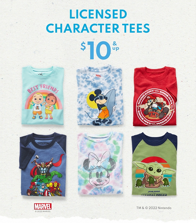 LICENSED CHARACTER TEES $10 & up