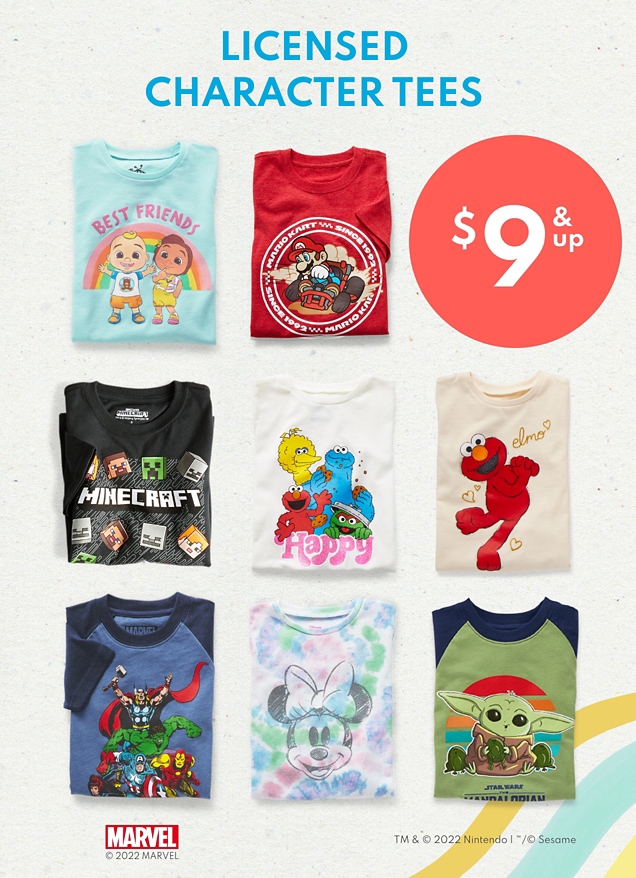 LICENSED CHARACTER TEES | $9 & up 