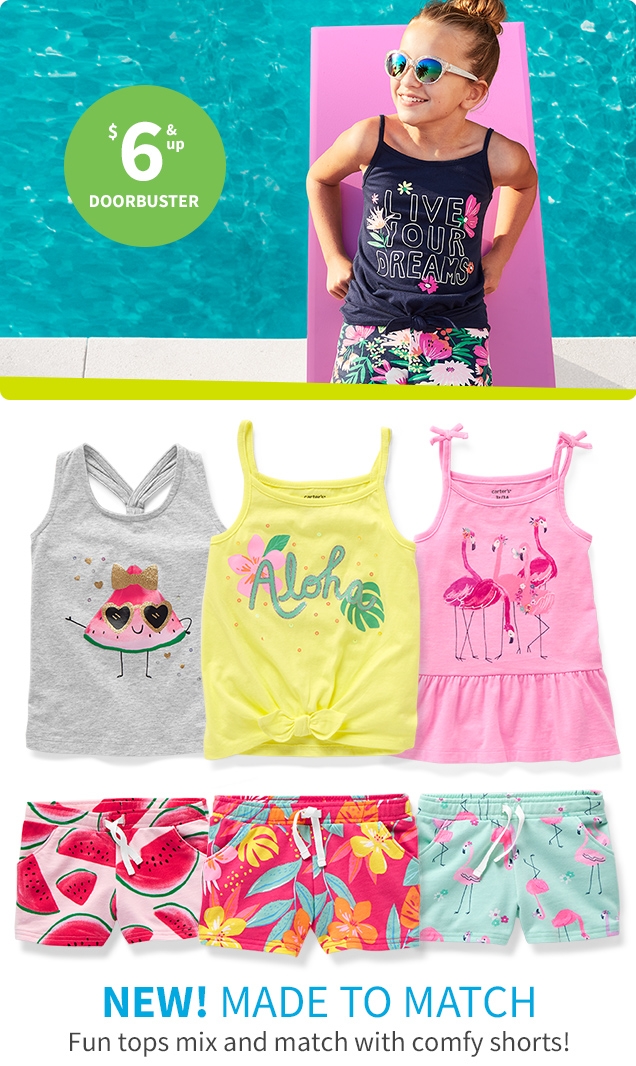 $6 & up DOORBUSTER | NEW! MADE TO MATCH | Fun tops mix and match with comfy shorts!