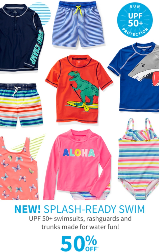 SUN UPF 50+ PROTECTION | NEW! SPLASH-READY SWIM | UPF 50+swimsuits, rashguards and trunks made for water fun! | 50% off*