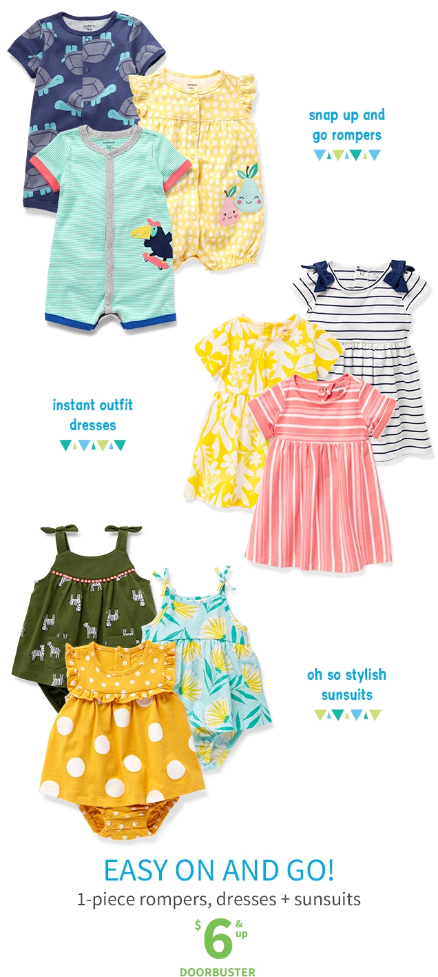 snap up and go rompers | instant outfit dresses | oh so stylish sunsuits | EASY ON AND GO! | 1‐piece rompers, dresses + sunsuits | $6 & up | DOOUBUSTER
