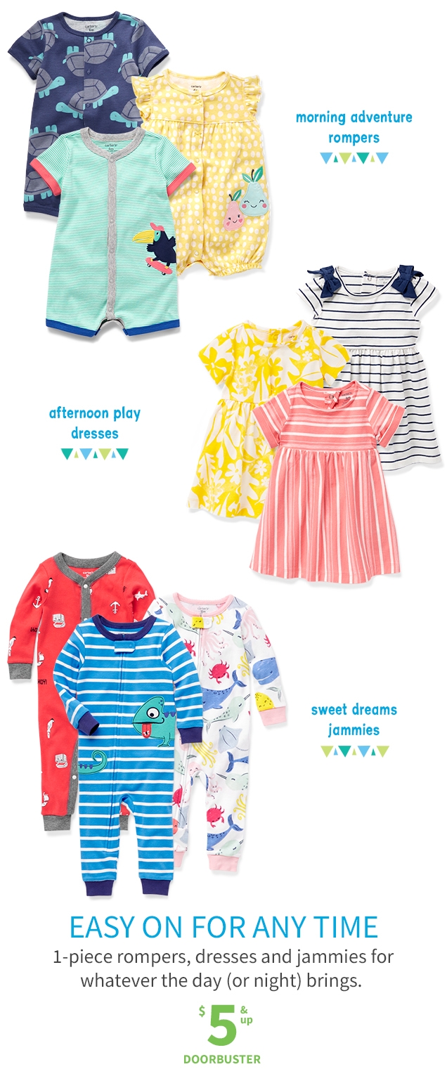 snap up and go rompers | instant outfit dresses | oh so stylish sunsuits | EASY ON AND GO! | 1‐piece rompers, dresses + sunsuits | $5 & up | DOOUBUSTER