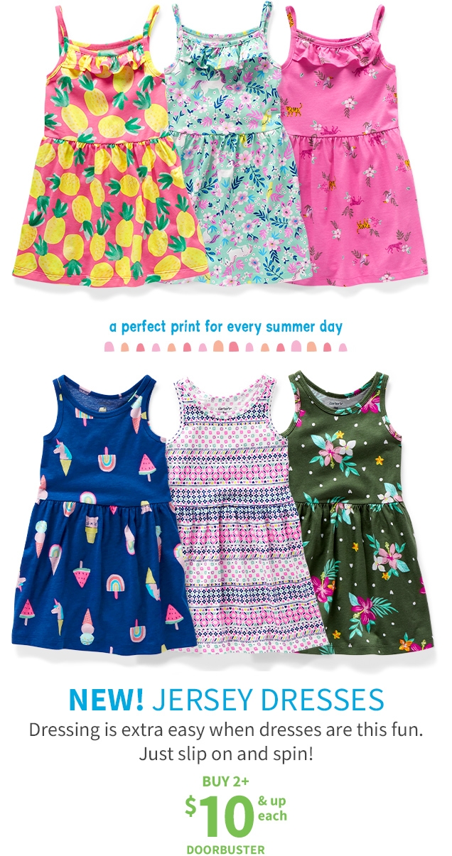 a perfect print for every summer day | NEW! JERSEY DRESSES | Dressing is extra easy when dresses are this fun. Just slip on and spin! | BUY 2+ $10 & up each | DOORBUSTER 