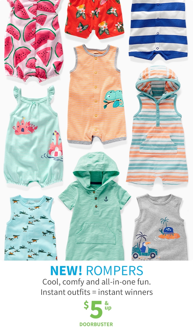 NEW! ROMPERS | Cool, comfy and all‐in‐one fun. | Instant outfits = instant winners | $5 & up | DOORBUSTER