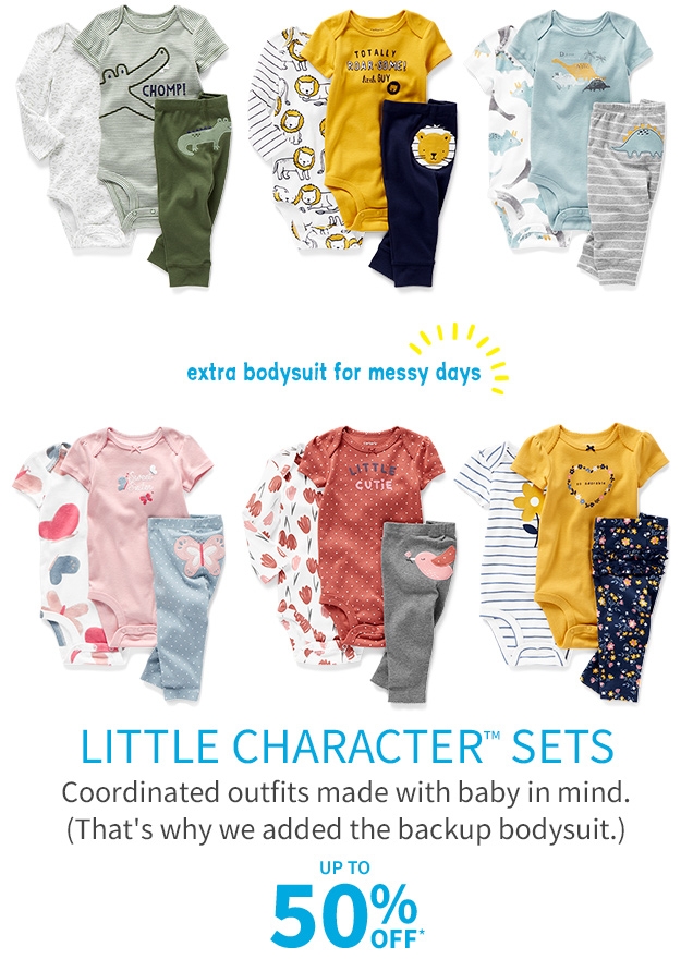 extra bodysuit for messy days | LITTLE CHARACTER SETS | Coordinated outfits made with baby in mind. | (That's why we added the backup bodysuit.) | UP to 50% OFF*