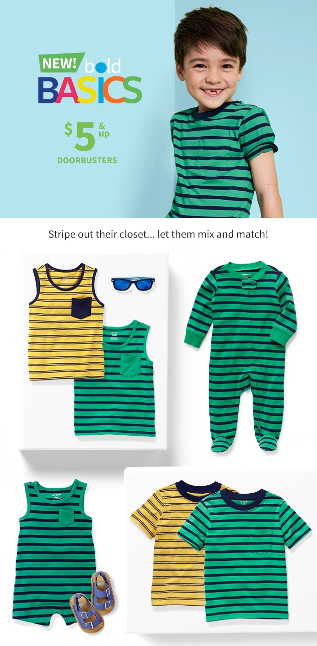 NEW! bold BASICS | $5 & up | DOORBUSTER | Stripe out their closet... let them mix and match!