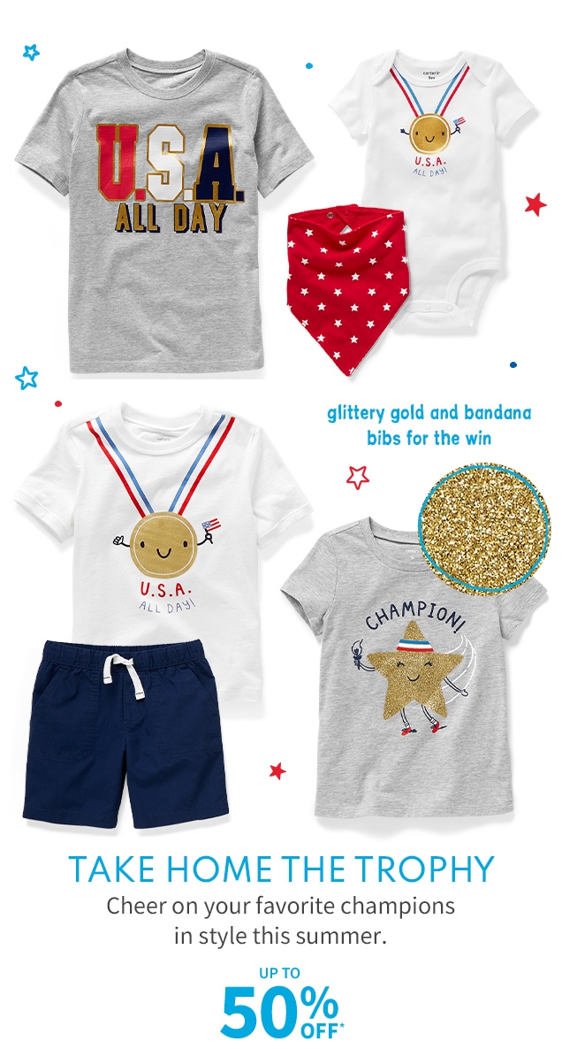 glittery gold and bandana bibs for the win | TAKE HOME THE TROPHY | Cheer on your favorite champions in style this summer. | UP TO 50% OFF*