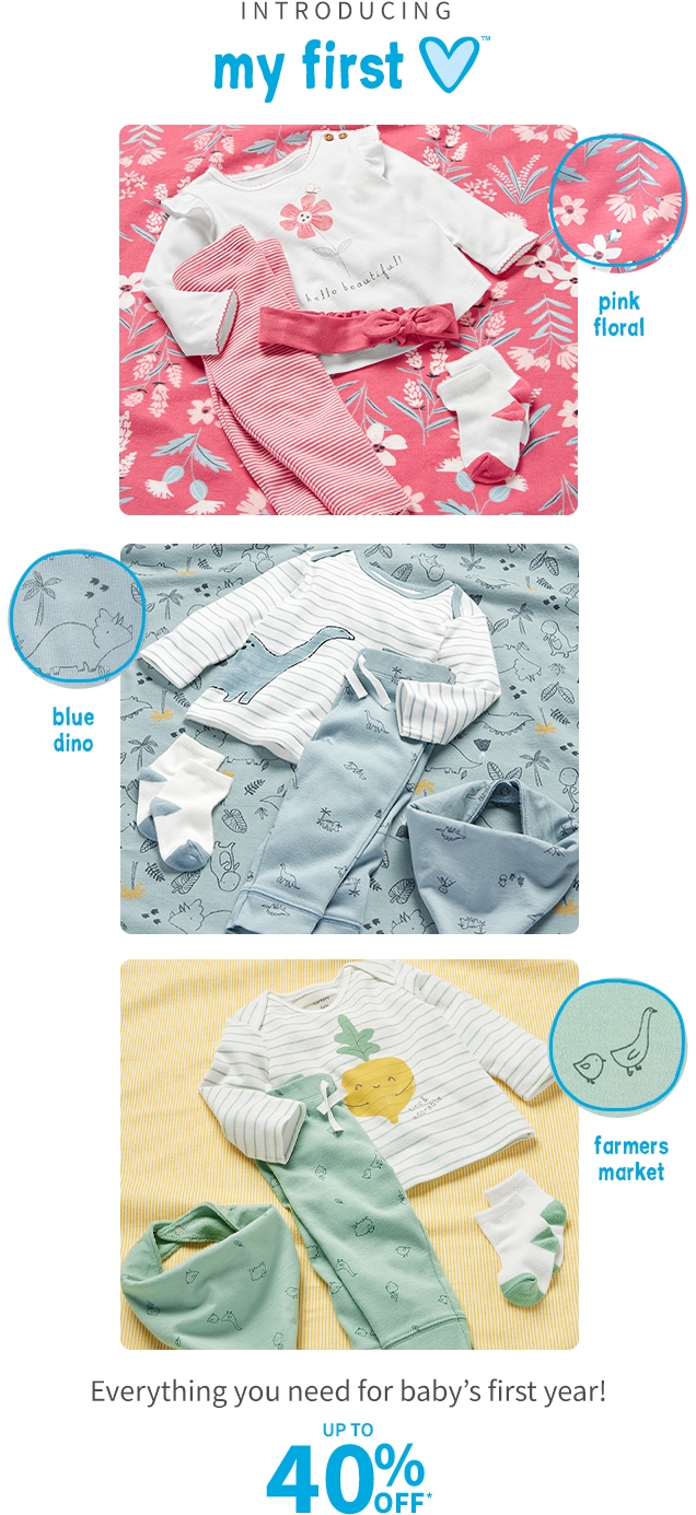 INTRODUCING | my first ♡™ | pink floral | blue dino | farmers market | Everything you need for baby's first year! | UP TO 40% OFF*