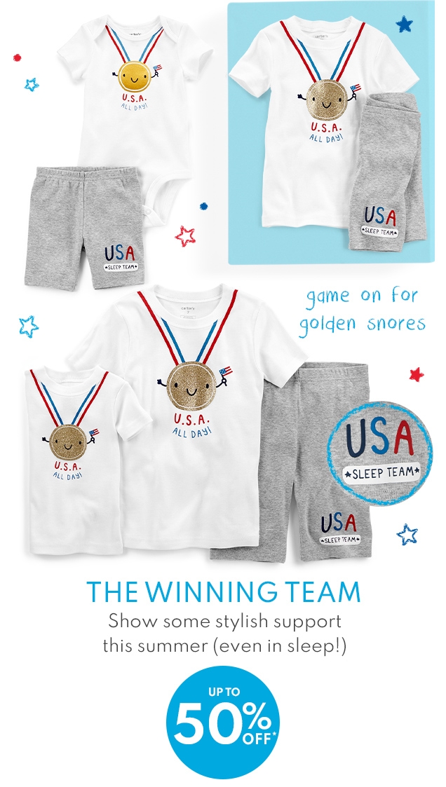 game on for | golden snores | USA | ★ SLEEP TEAM ★ | THE WINNING TEAM | Show some stylish support | this summer (even in sleep!) | UP to | 50% OFF*