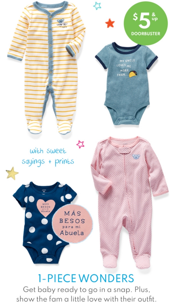 $5 & up DOORBUSTER | with sweet sayings + prints | 1-piece WONDERS | Get baby ready to go in a snap. Plus, show the fam a little love with their outfit.