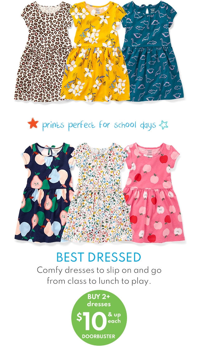 prints perfect for school days | BEST DRESSED | Comfy dresses to slip on and go from class to lunch to play. | BUY 2+ dresses | $10 & up each DOORBUSTER