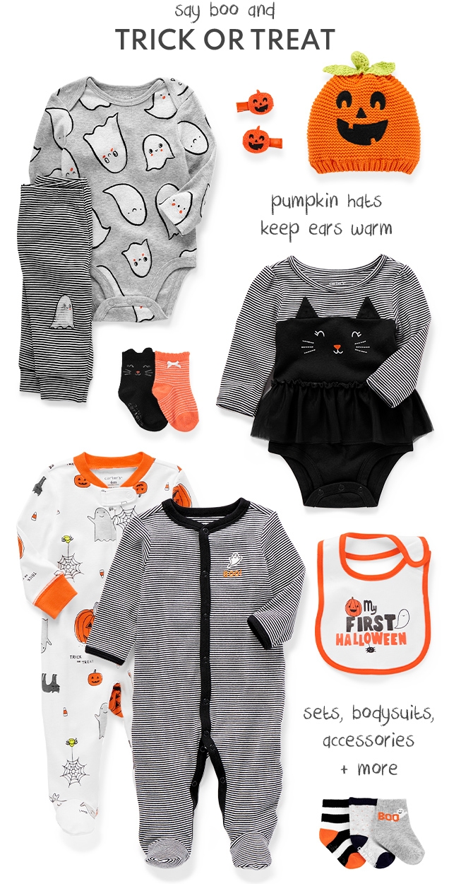 say boo and TRICK OR TREAT | pumpkin hats keep ears warm | sets, bodysuits, accessories + more