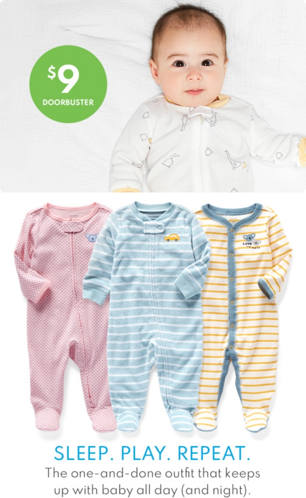 $9 DOORBUSTER | SLEEP. PLAY. REPEAT. | The one-and-done outfit that keeps up with baby all day (and night).