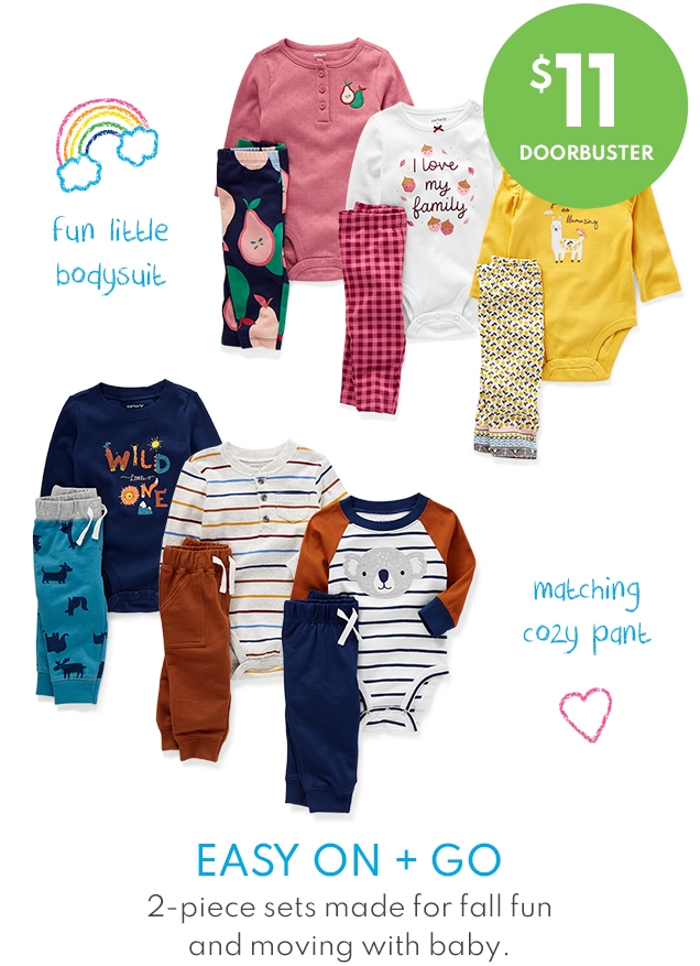 $11 DOORBUSTER | fun little bodysuit | matching cozy pant | EASY ON + GO | 2-piece sets made for fall fun and moving with baby.